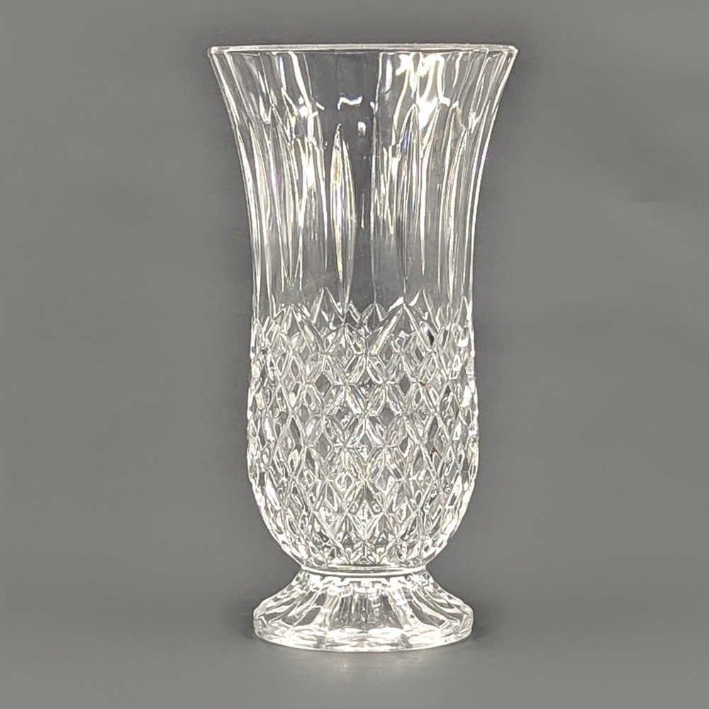 Clear Cut Crystal Hurricane Vase Diamond Flute Pattern 10 Inch Footed Glass